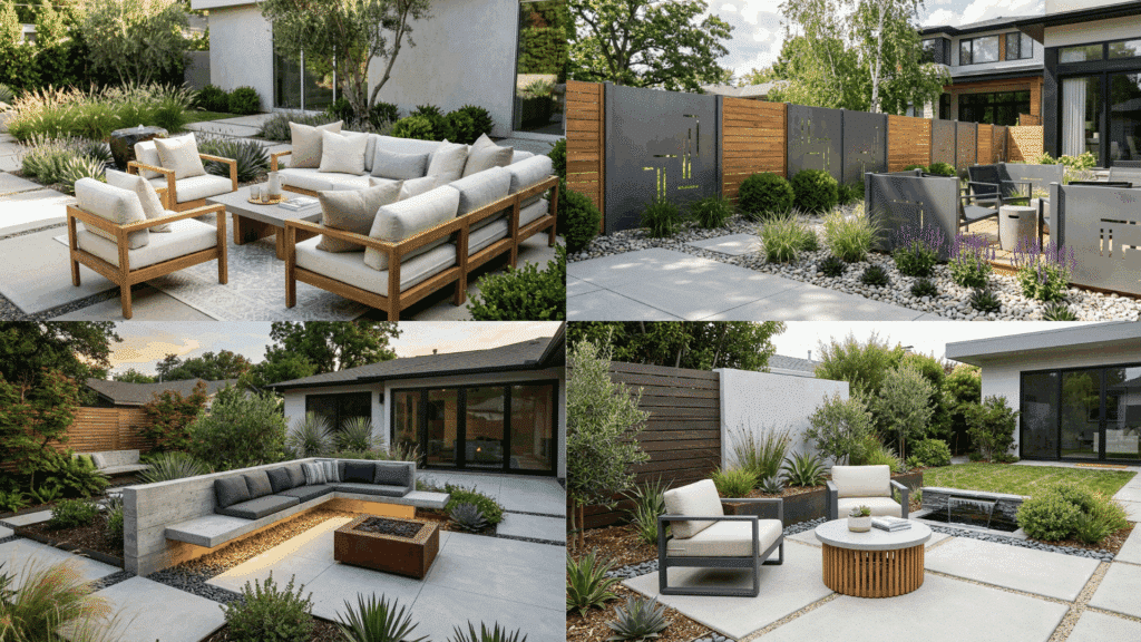 modern backyard seating with concrete patio, neutral furniture, and simple plant arrangements.