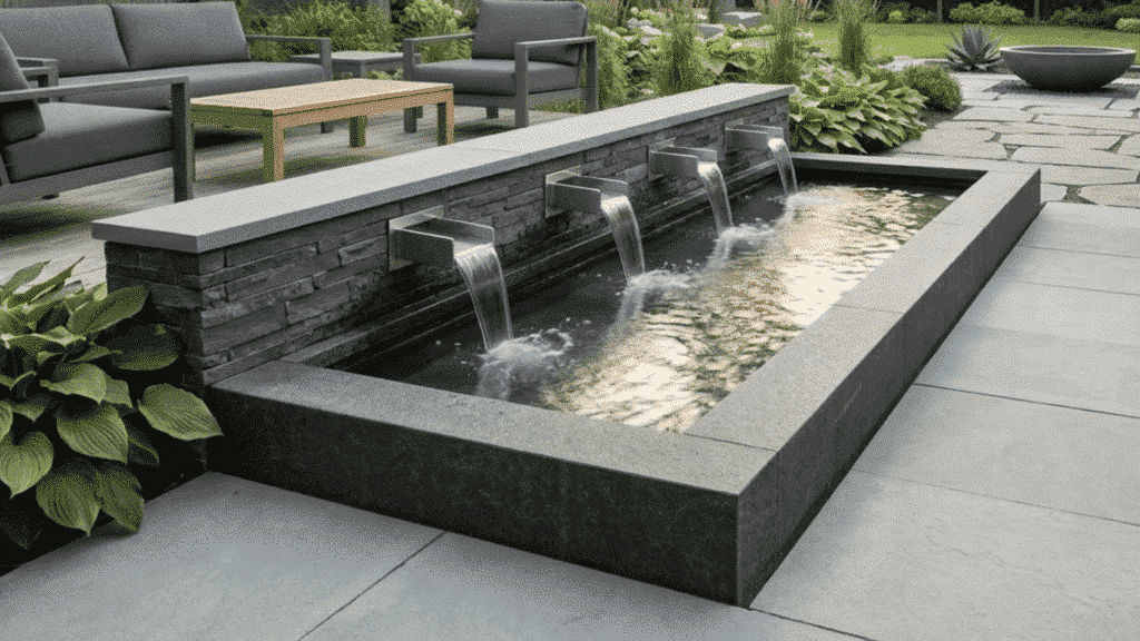 modern backyard water feature with stone fountain and seating area in landscaped garden.
