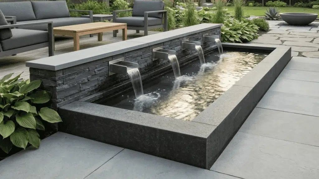 modern backyard water feature with stone fountain and seating area in landscaped garden.