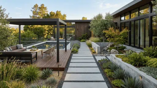 modern backyard with concrete walkway, pool, wood deck, and clean-lined landscaping design.