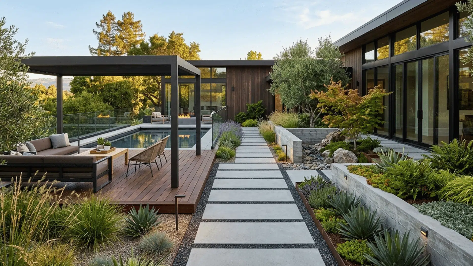 modern backyard with concrete walkway, pool, wood deck, and clean-lined landscaping design.
