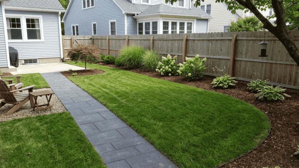 modern backyard with curved gravel path, lawn, and minimal landscaping with shrubs and seating.