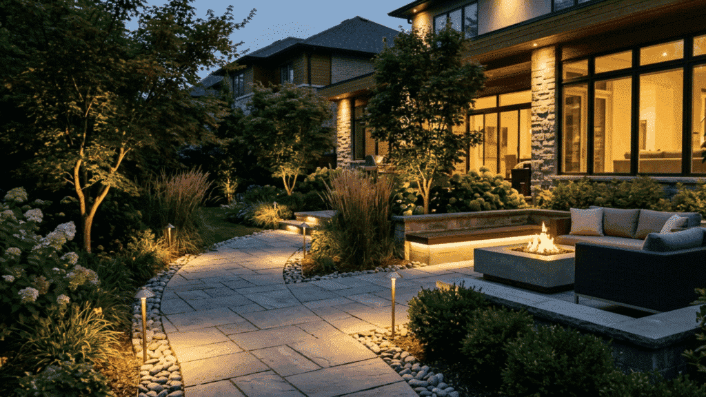 modern backyard with landscape lighting, stone pathway, and fire pit seating area at night.