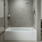 modern bathroom with alcove bathtub, glass shower, and wood vanity.