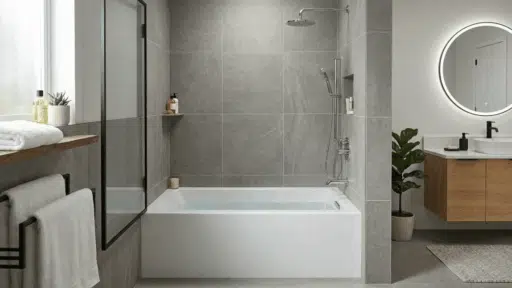 modern bathroom with alcove bathtub, glass shower, and wood vanity.
