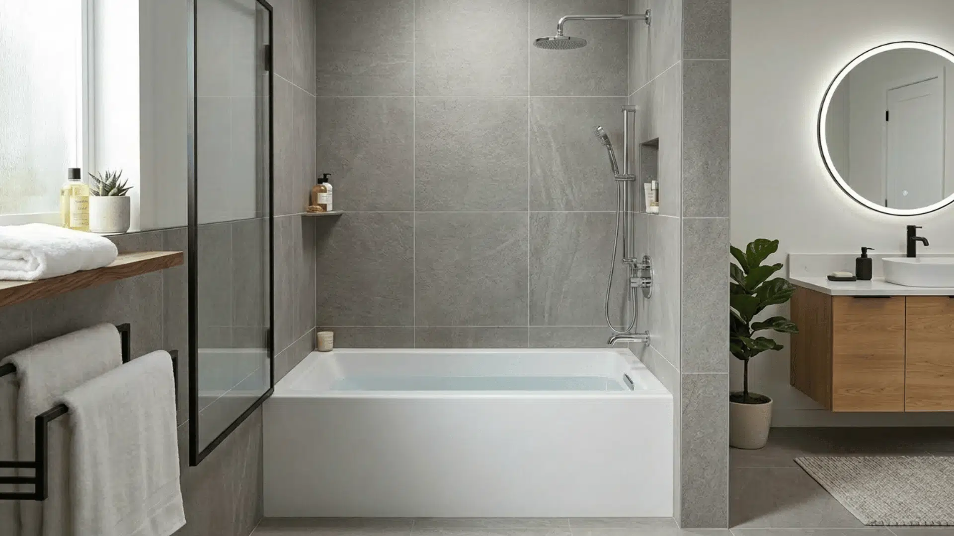 modern bathroom with alcove bathtub, glass shower, and wood vanity.