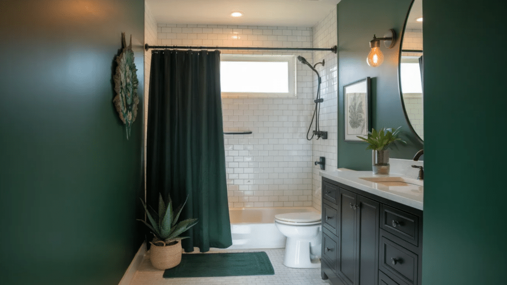 modern bathroom with dark green walls, white subway tile shower and tub, dark green shower curtain, white toilet, gray vanity with a white countertop, round mirror, wall sconce lighting, and potte