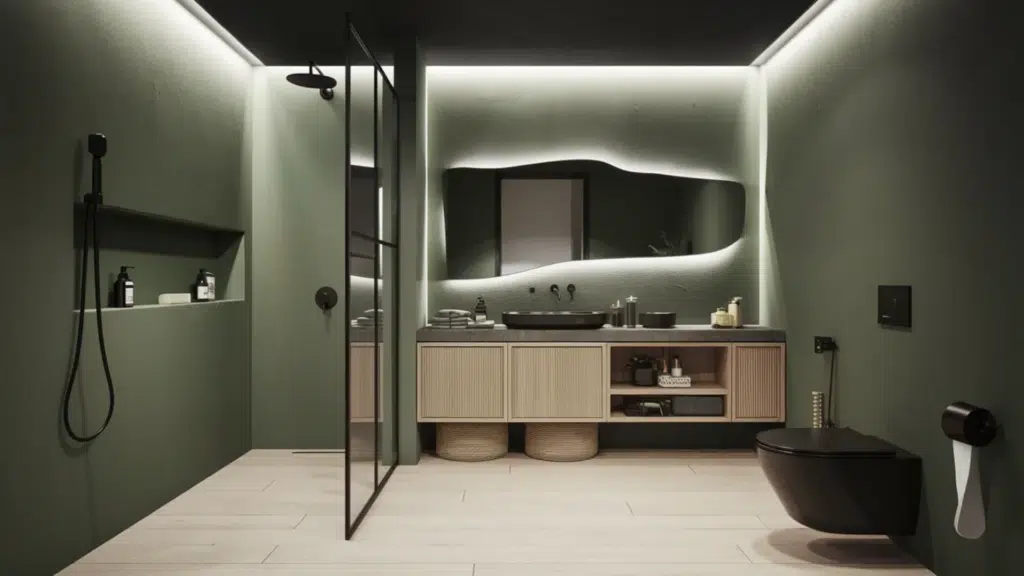 modern bathroom with deep sage green walls, a floating light wood vanity, sculptural backlit mirror, matte black fixtures, glass walk-in shower, and light flooring creating a calm, spa-like atmosp