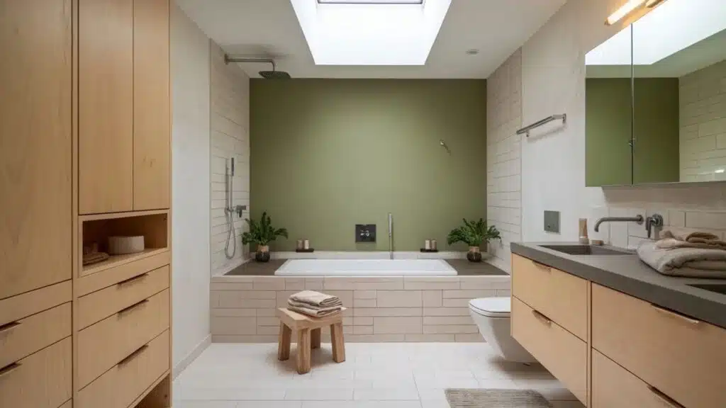 modern bathroom with moss green accent wall, wood cabinets, tub, and skylight