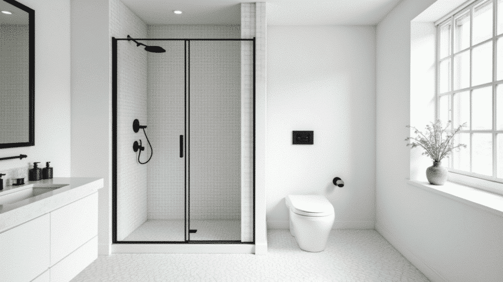 modern bathroom with slim matte black metal grid-panel glass shower door and white subway tile shower interior
