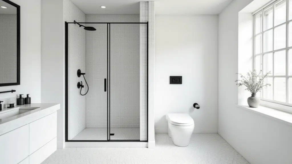 modern bathroom with slim matte black metal grid-panel glass shower door and white subway tile shower interior