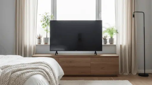 modern bedroom featuring a TV on a wood console in front of a window, with potted plants on the sill and beige curtains