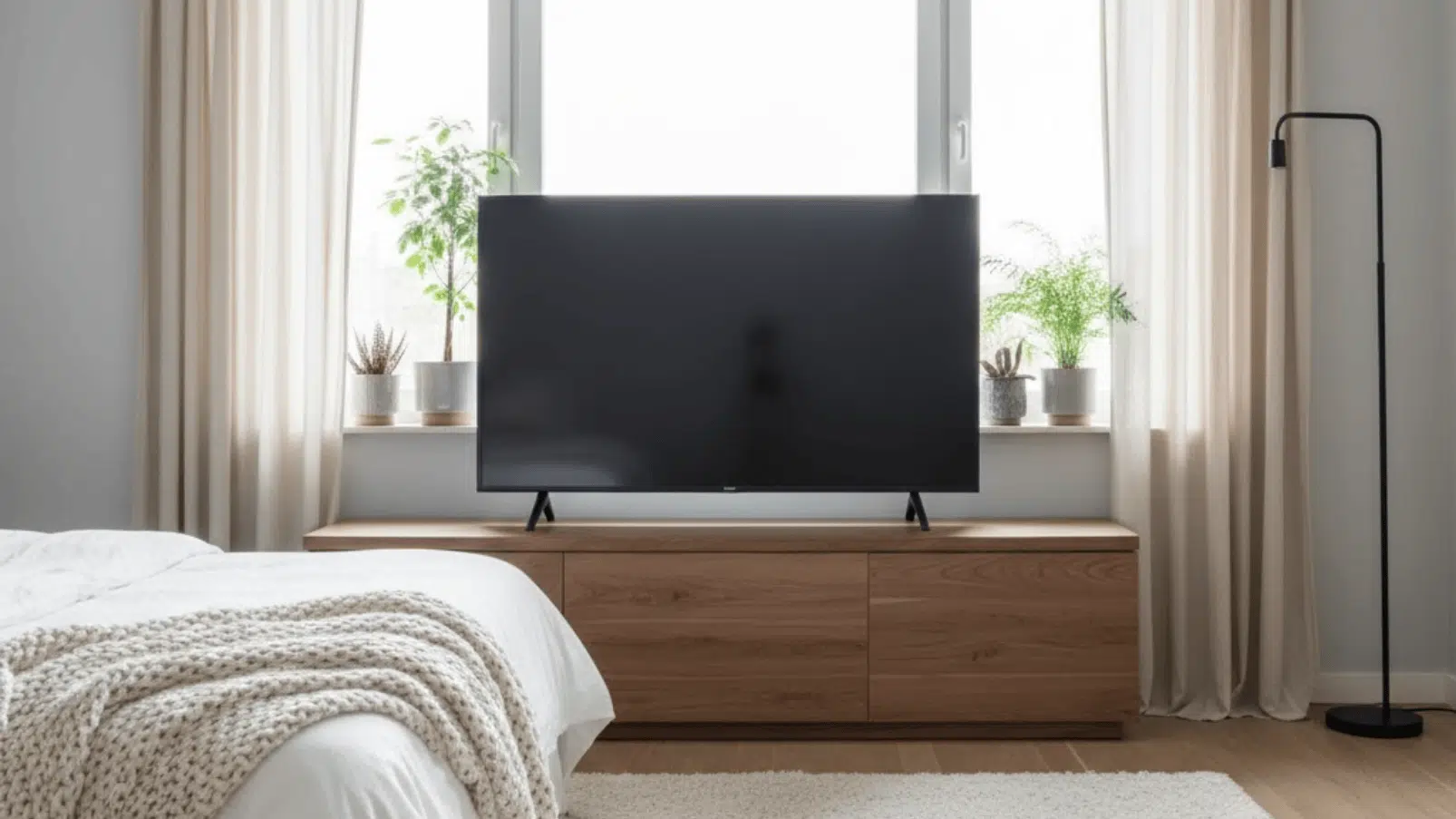 modern bedroom featuring a TV on a wood console in front of a window, with potted plants on the sill and beige curtains