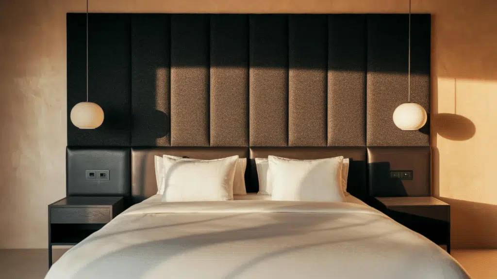 modern bedroom featuring a textured headboard with pendant lighting and minimalist decor.