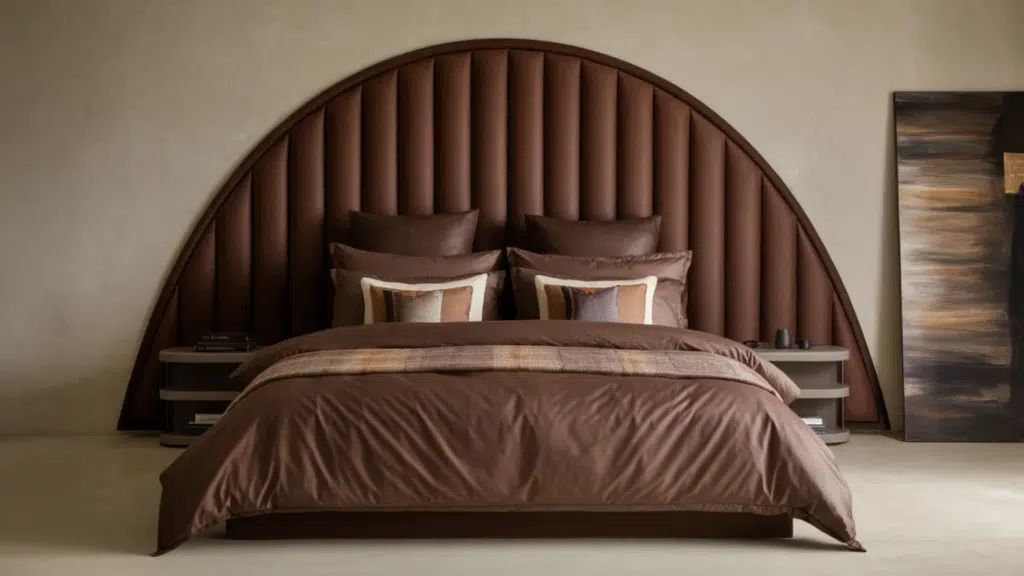 modern bedroom with a large arched upholstered headboard, brown bedding, and minimalist nightstands