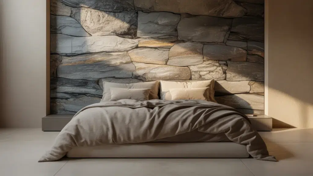 modern bedroom with a low platform bed, neutral bedding, and a large stone accent wall behind the headboard