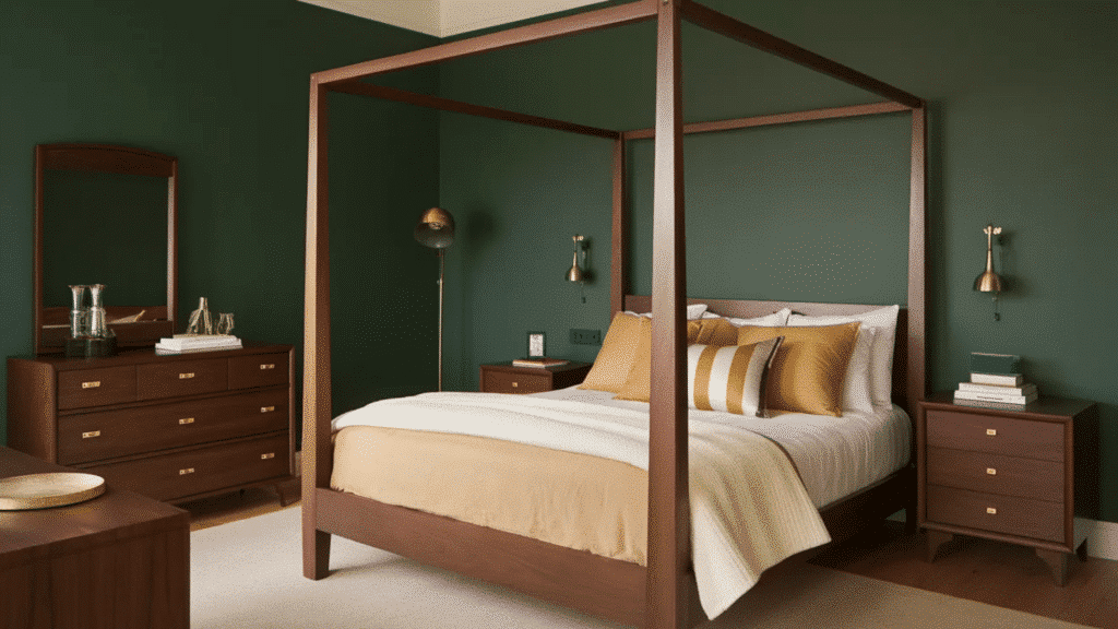modern bedroom with a wooden four poster bed, green walls, matching wooden furniture, and gold accent lighting