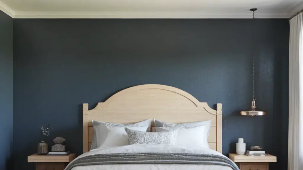 modern bedroom with dark blue walls, a light wood bed frame, white bedding, matching wooden nightstands, and a hanging pendant light by the window