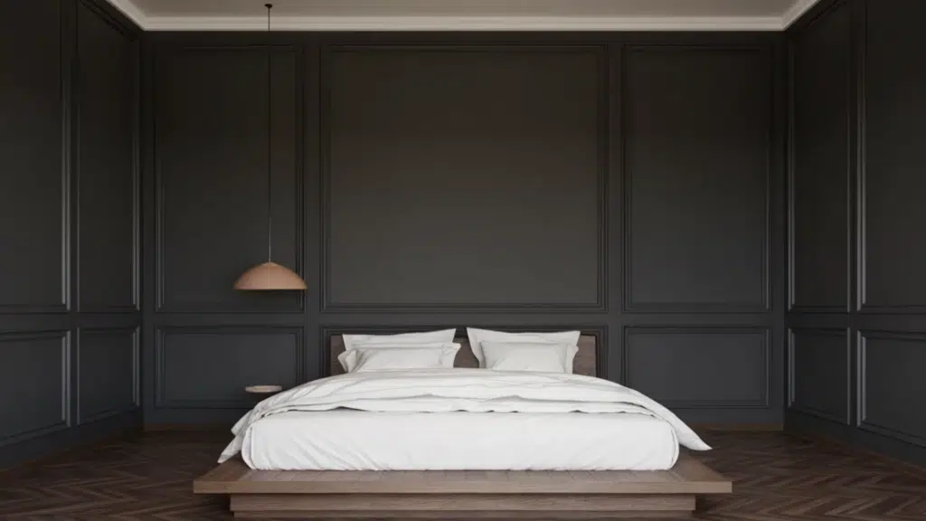 modern bedroom with dark paneled walls, a low wooden platform bed, white bedding, and a herringbone wood floor