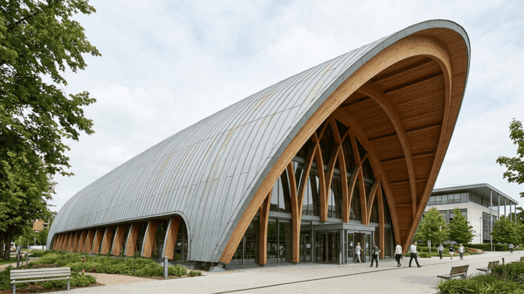 modern building with curved wooden frame and metal roof large glass entrance and people walking outside