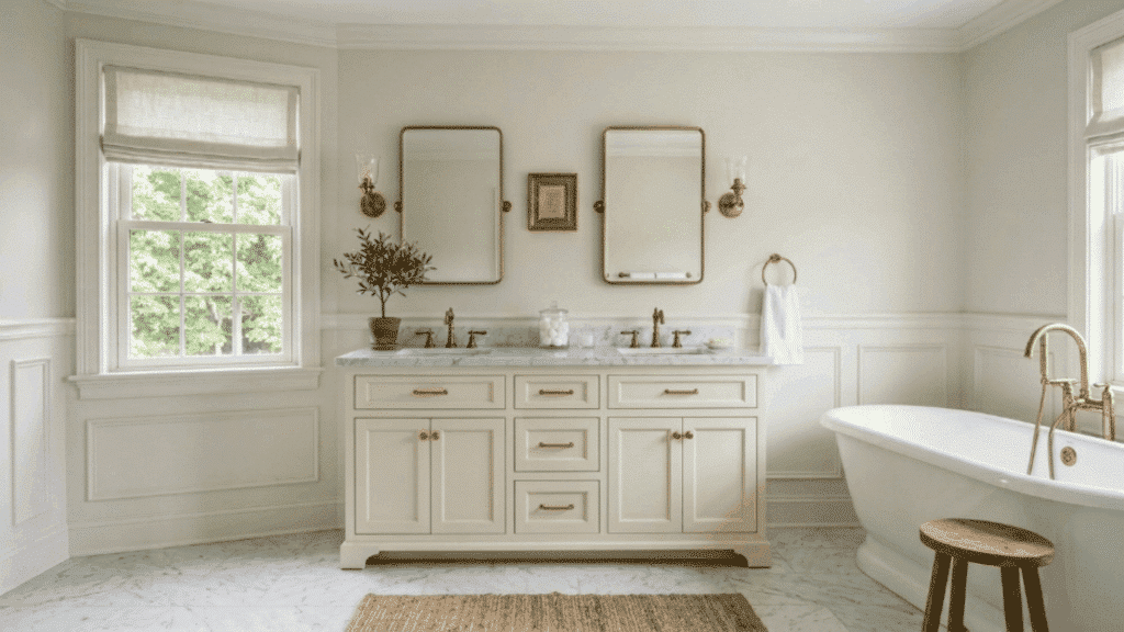 modern colonial bathroom with marble tile floor paneled walls brass fixtures classic vanity neutral palette bright natural light