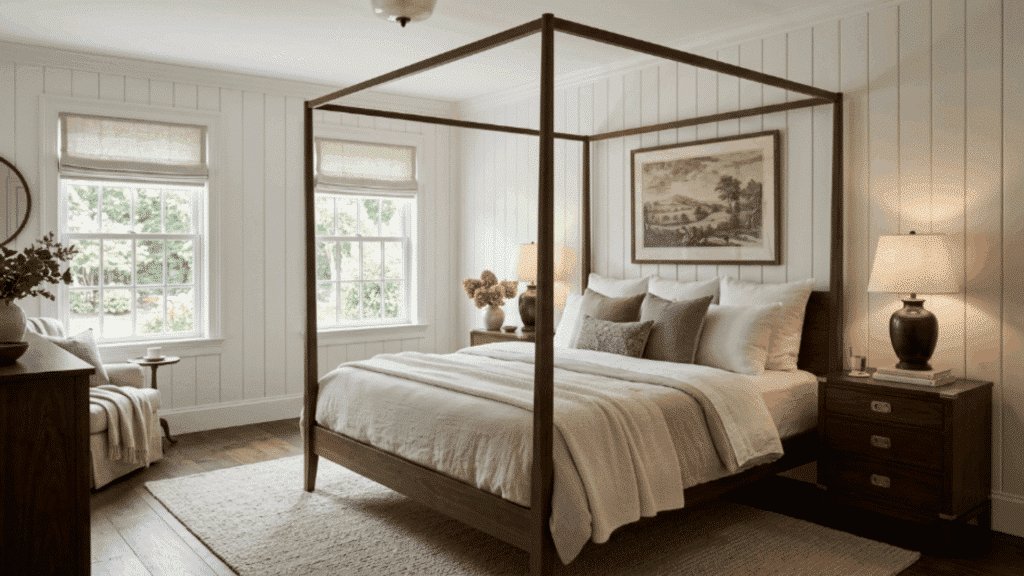 modern colonial bedroom with four poster bed neutral bedding wooden nightstands paneled walls hardwood floor soft natural lighting