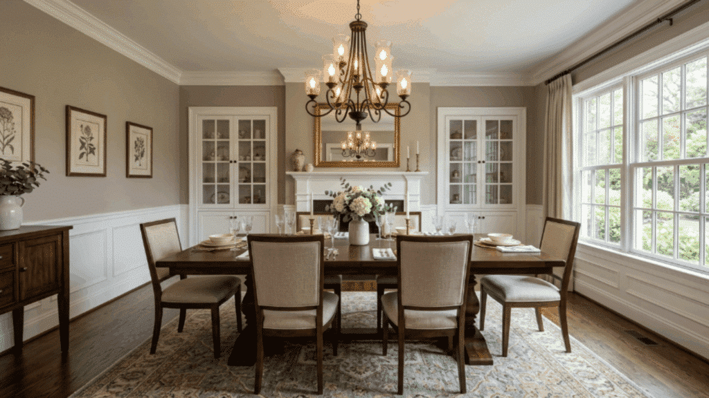 modern colonial dining room with classic wood table symmetrical chairs statement chandelier crown molding hardwood floors warm lighting