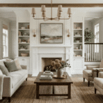 modern colonial interior living space with paneled walls neutral sofa wooden furniture brass lighting hardwood floors warm natural light