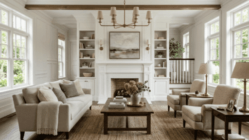 modern colonial interior living space with paneled walls neutral sofa wooden furniture brass lighting hardwood floors warm natural light