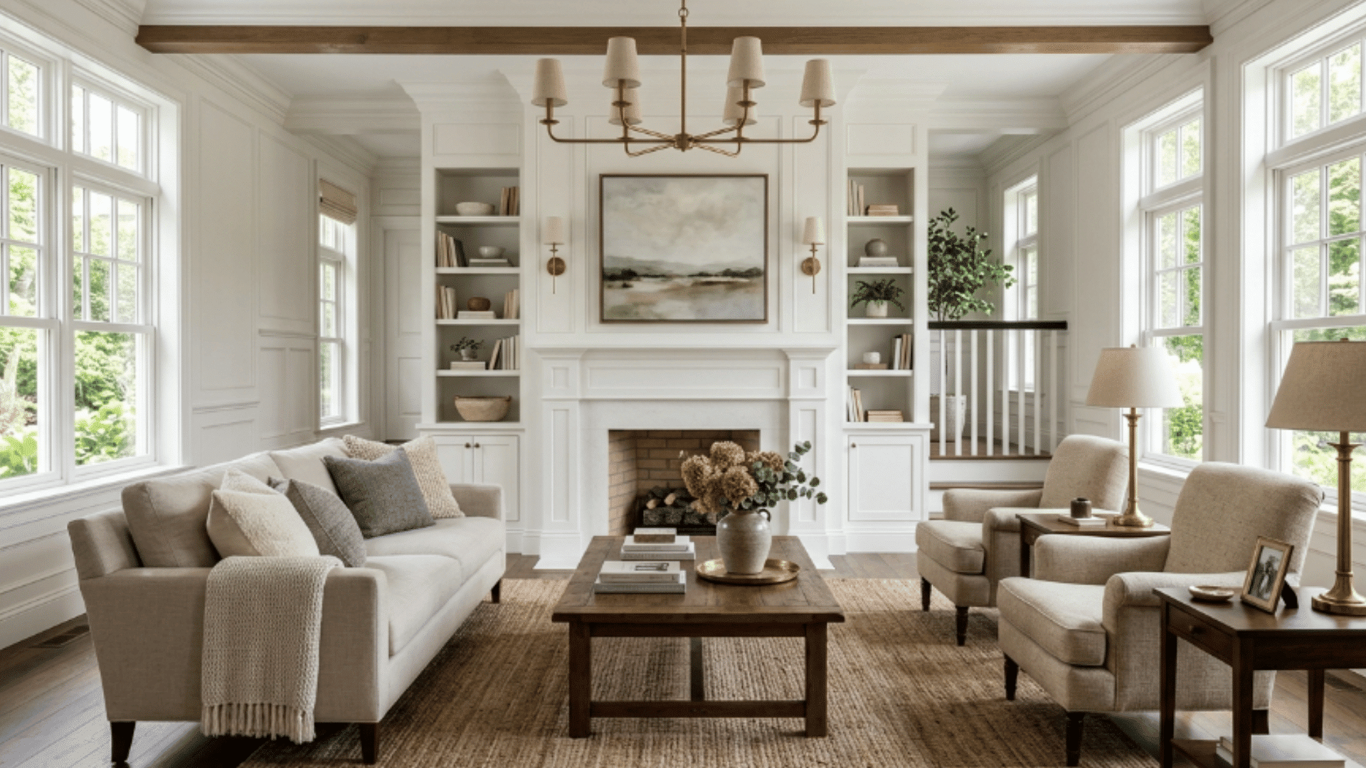 modern colonial interior living space with paneled walls neutral sofa wooden furniture brass lighting hardwood floors warm natural light