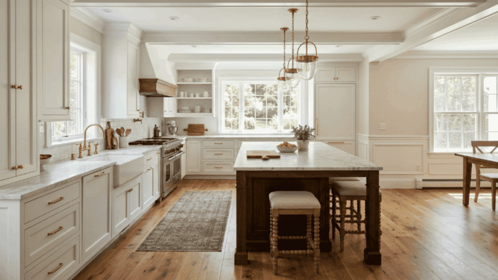 modern colonial kitchen with white shaker cabinets large island marble countertop brass hardware hardwood floors bright natural light