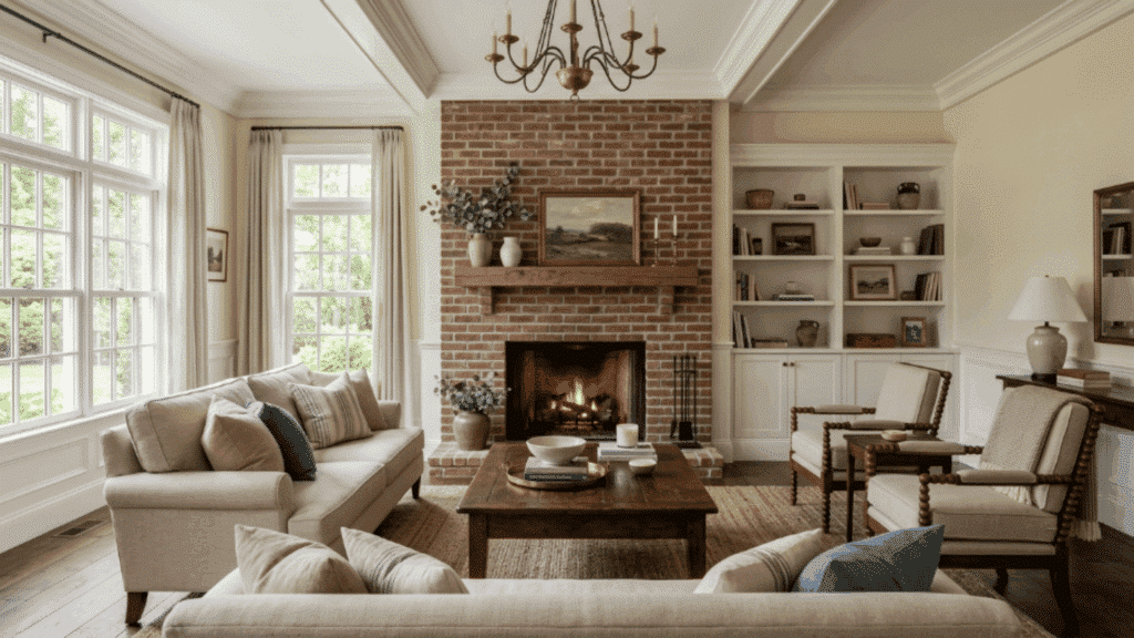 modern colonial living room with brick fireplace balanced seating neutral sofa wooden table crown molding hardwood floor soft lighting