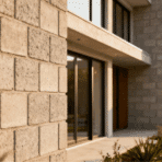 modern concrete block house exterior with clean lines, large glass windows, and minimal landscaping in warm sunlight