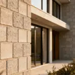 modern concrete block house exterior with clean lines, large glass windows, and minimal landscaping in warm sunlight