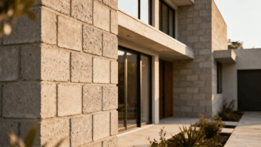 modern concrete block house exterior with clean lines, large glass windows, and minimal landscaping in warm sunlight