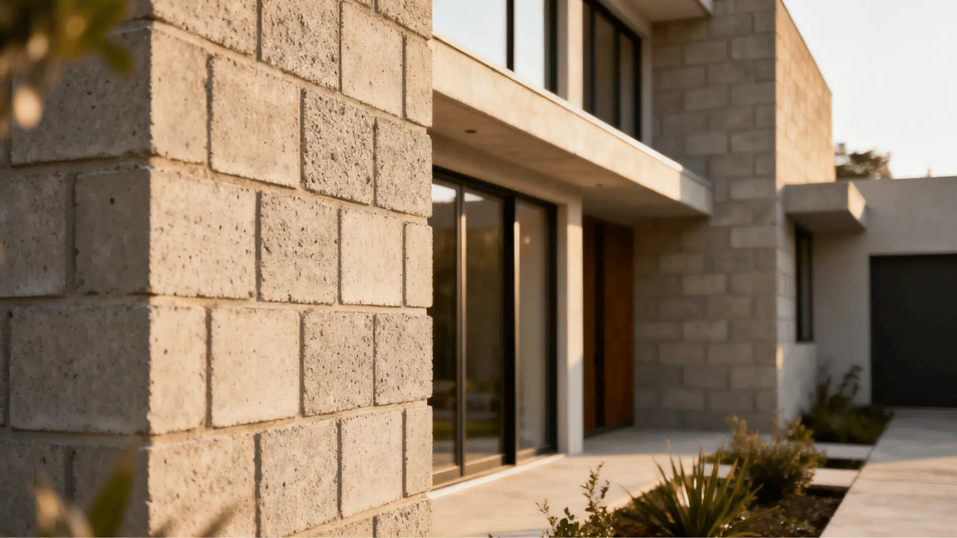 modern concrete block house exterior with clean lines, large glass windows, and minimal landscaping in warm sunlight