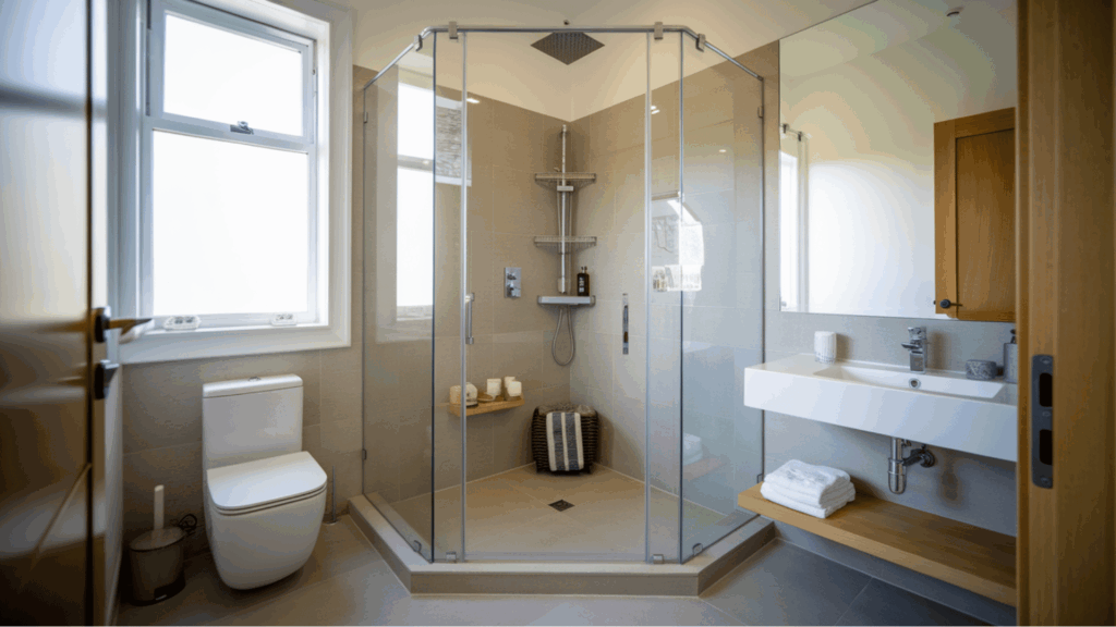 modern corner shower with a sleek glass enclosure in a minimalistic bathroom
