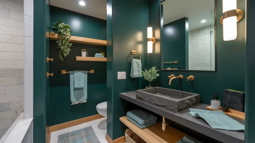 modern dark green bathroom with a stone vessel sink, brass fixtures, wood shelving, and soft ambient lighting