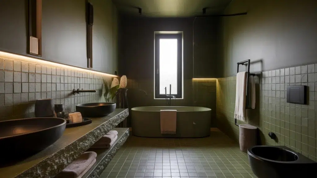 modern dark green bathroom with double vessel sinks on a stone counter, a freestanding tub beneath a tall window, green tile walls and floor, and black fixtures with warm accent lighting