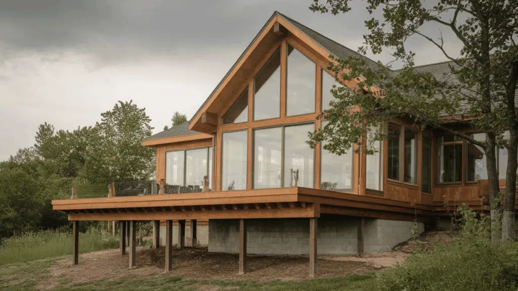 modern deck house with large floor-to-ceiling windows and elevated deck overlooking a wooded landscape