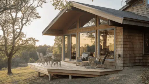 modern deck house with large windows and a spacious outdoor deck overlooking trees at sunset