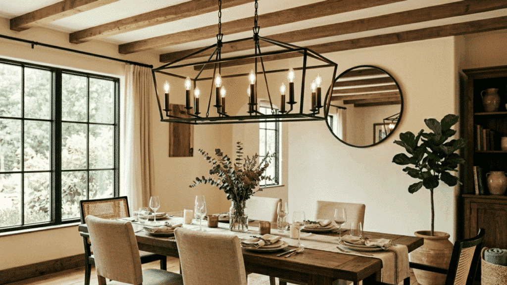 modern farmhouse dining room with wood beams, chandelier.