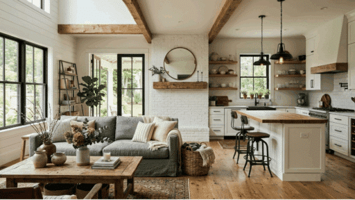 modern farmhouse interior with open living room and kitchen, wood beams, white cabinets, and rustic decor.