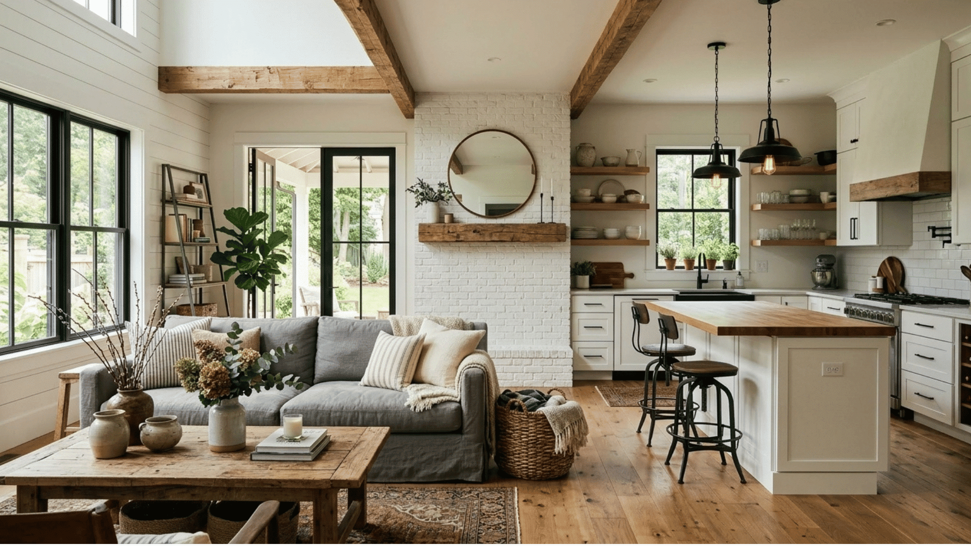 modern farmhouse interior with open living room and kitchen, wood beams, white cabinets, and rustic decor.