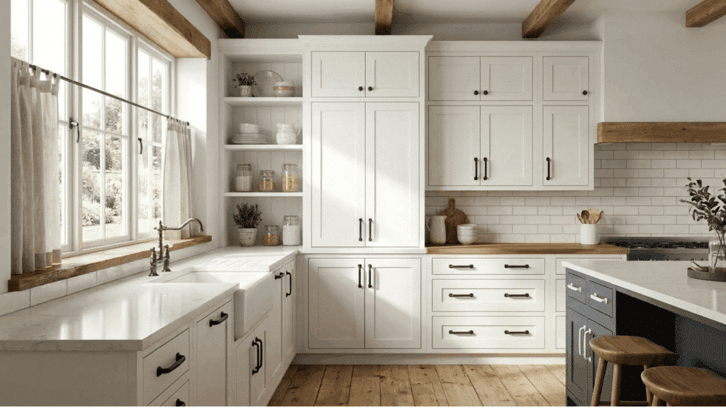 modern farmhouse kitchen with white cabinets, black hardware, wood beams, and marble counters.