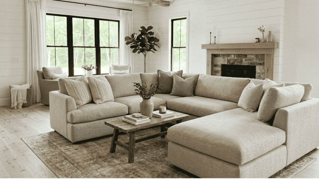 modern farmhouse living room with large sectional sofa, shiplap walls, and rustic fireplace