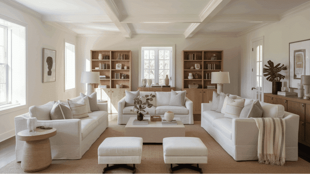 modern farmhouse living room with neutral sofas, wood shelves, and soft natural light.
