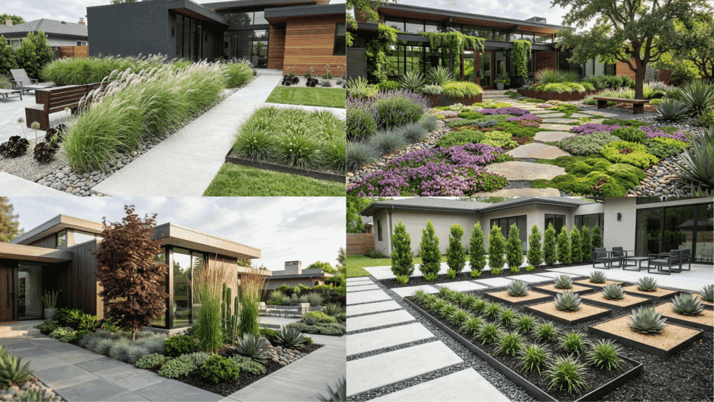 modern garden designs with grasses, geometric layouts, and clean stone pathways.