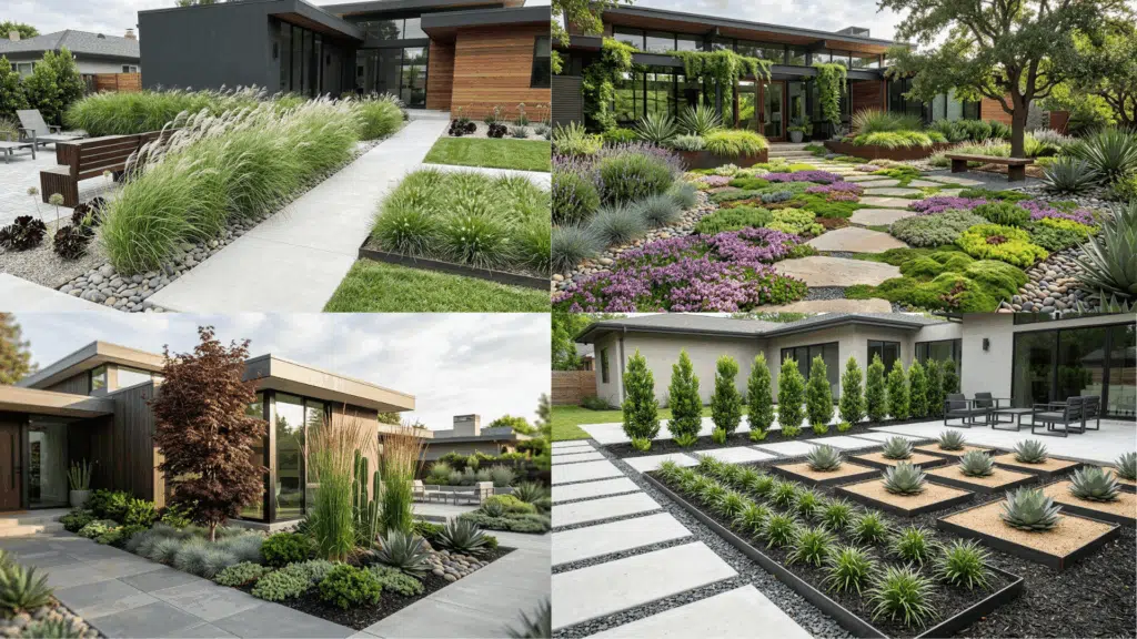 modern garden designs with grasses, geometric layouts, and clean stone pathways.
