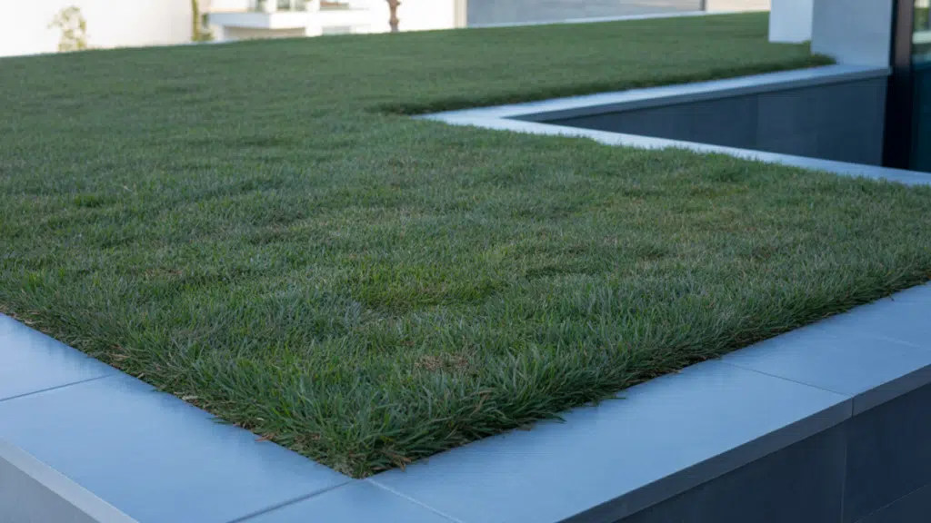 modern green roof terrace with grass lawn bordered by gray concrete tiles on contemporary building exterior